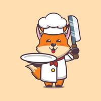 lindo personaje de dibujos animados fox chef mascota con cuchillo y plato vector