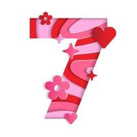 7 Numeric Valentines Day Love Abstract Character Font Number Paper Lively Flower Heart Sparkle Shine Red Pink Mountain Geography Contour Map 3D Layer Paper Cutout Card Web Banner Vector Illustration