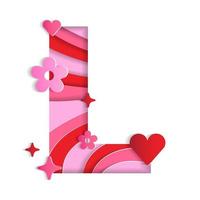 L Alphabet Valentines Day Love Abstract Character Font Letter Paper Lively Flower Heart Sparkle Shine Red Pink Mountain Geography Contour Map 3D Layer Paper Cutout Card Web Banner Vector Illustration