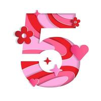 5 Numeric Valentines Day Love Abstract Character Font Number Paper Lively Flower Heart Sparkle Shine Red Pink Mountain Geography Contour Map 3D Layer Paper Cutout Card Web Banner Vector Illustration