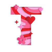 T Alphabet Valentines Day Love Abstract Character Font Letter Paper Lively Flower Heart Sparkle Shine Red Pink Mountain Geography Contour Map 3D Layer Paper Cutout Card Web Banner Vector Illustration