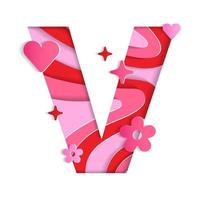 V Alphabet Valentines Day Love Abstract Character Font Letter Paper Lively Flower Heart Sparkle Shine Red Pink Mountain Geography Contour Map 3D Layer Paper Cutout Card Web Banner Vector Illustration