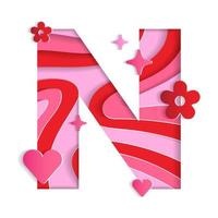 N Alphabet Valentines Day Love Abstract Character Font Letter Paper Lively Flower Heart Sparkle Shine Red Pink Mountain Geography Contour Map 3D Layer Paper Cutout Card Web Banner Vector Illustration