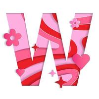 W Alphabet Valentines Day Love Abstract Character Font Letter Paper Lively Flower Heart Sparkle Shine Red Pink Mountain Geography Contour Map 3D Layer Paper Cutout Card Web Banner Vector Illustration