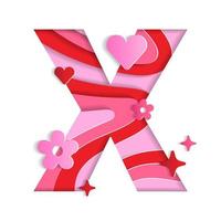 X Alphabet Valentines Day Love Abstract Character Font Letter Paper Lively Flower Heart Sparkle Shine Red Pink Mountain Geography Contour Map 3D Layer Paper Cutout Card Web Banner Vector Illustration