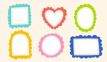 Cute Wavy Dash line Doodle Cloud  Round Heart Square Rectangle Arch Oval Shape Green Blue Red Pink Orange Yellow Sticky note Post it Borders Frames Background Set Collection Bundle Vector Illustration