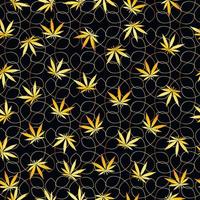 golden hemp leaves on black background seamless pattern vector