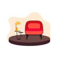 sillas y lámparas de mesa con libros y plantas en macetas caseras. ilustración vectorial