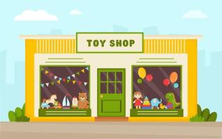fachada de tienda de juguetes. ilustración vectorial de la tienda de juguetes moderna. sendero minorista. ventana de la tienda de juguetes. escaparate con juguetes. vista frontal de la tienda de juguetes. vector