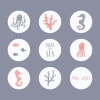 Little octopus with fish and shell. Highlight stickers vector