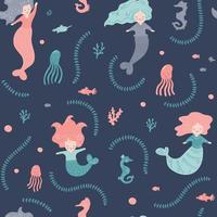 Funny little Mermaid with octopus. Seamless pattern for textile vector