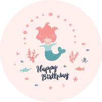 Little Mermaid with sea coral and shell. Greating card vector