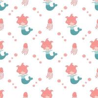 Funny little Mermaid with octopus. Seamless pattern for textile vector