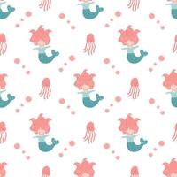 Funny little Mermaid with octopus. Seamless pattern for textile vector