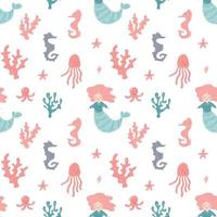 Funny little Mermaid with sea horse and shell. Seamless pattern for textile vector