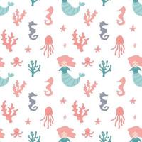 Funny little Mermaid with sea horse and shell. Seamless pattern for textile vector