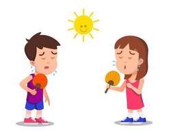 two children using manual hand fans due to heat stroke vector