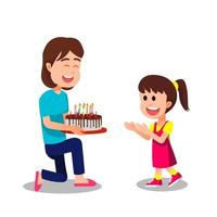 una madre sorprende a su hija con un pastel de cumpleaños vector