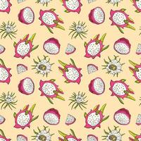 Red dragon fruit. Fruit seamless pattern with pitahaya. Design for fabric, textile, wallpaper, packaging. vector