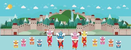 ciudad china y arquitectura antigua con danza del dragón. ilustración vectorial vector