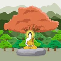 Buddha meditating in the big forest. vector illustration