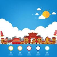 China town and old architecture with dragon dance. Vector illustration