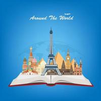 Travel around the world with famous attractions and copy space. Vector illustration