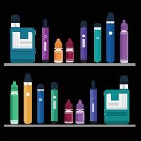 Electronic Cigarettes and liquid plastic bottle set. E-cigarette for vaping. Colorful design vector