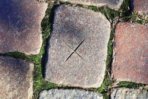 Detailed close up on old historical cobblestone roads and walkways photo