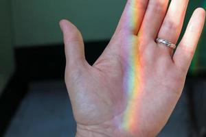 The inside of a female palm with a rainbow on it photo