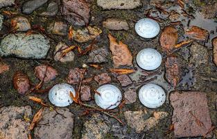 Detailed close up on old historical cobblestone roads and walkways photo