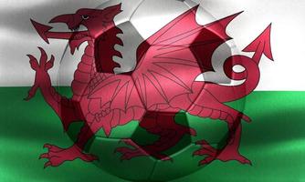 Ilustración 3D de una bandera de Gales con una pelota de fútbol moviéndose en el viento foto