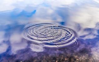 Beautiful water at a lake with splashing water and ripples on the surface with clouds and blue sky reflections photo