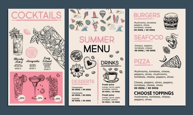 Summer menu, template design. Food flyer. Hand-drawn style. Vector illustration.