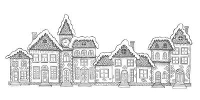 adobe illustrator artworktarjeta de felicitación de navidad. ilustración de casas. conjunto de edificios dibujados a mano. vector