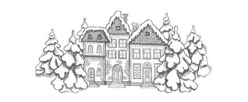 Adobe Illustrator ArtworkChristmas Greeting card. Illustration of houses. Set of hand drawn buildings. vector