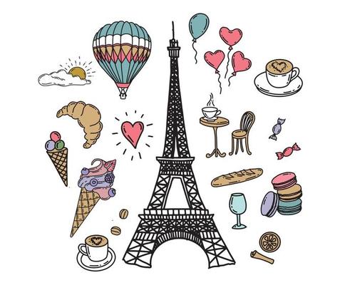 Adobe Illustrator ArtworkFrench icons, Paris sketch illustration. Vector.
