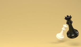 Ilustración 3d reina blanca y negra sobre fondo amarillo para espacio de copia, concepto de ajedrez de objeto de representación 3d foto