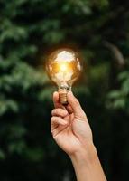 Man hand holding light bulb with green background. idea solar energy in nature concept photo