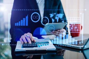Data Management System with Business Analytics concept. business team hands working with provide information for Key Performance Indicators and marketing photo