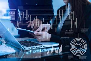 Intelligence and business analytics with key performance indicators dashboard concept.StartUp Programming as Fintech concept.Business team meeting. Photo professional investor  at office