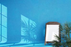 Empty room with shadows of window and flowers and palm leaves 3d room with commercial billboard. photo