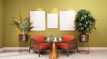 elegante diseño interior de comedor con silla de mesa, planta tropical en maceta de cerámica foto