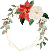 corona de ramo de flores de navidad acuarela con marco dorado png