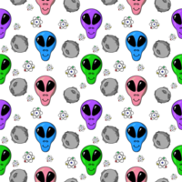 Multicolored masks of aliens and planets, in cartoon style, seamless square pattern png