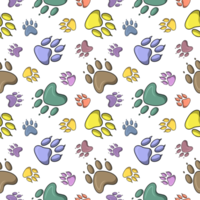 Multicolored paw prints of different animals, cartoon style, seamless square pattern png