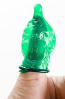 green latex condom on the finger, photo