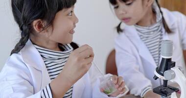 Close up, Selective focus, little girl use dropper liquid on plate test, Two asian siblings wearing coat learning experimenting with liquids, while studying science chemistry video