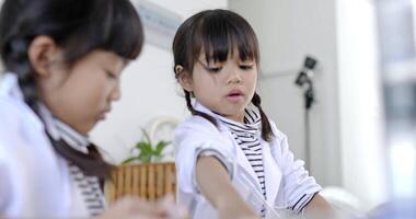 Slow motion shot, Selective focus, little girl use magnifying glass looking on plate test, Two asian siblings wearing coat learning experimenting with liquids, while studying science chemistry video