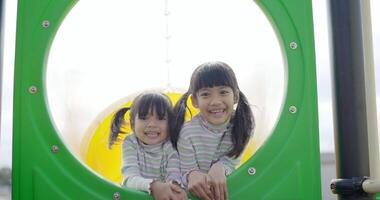 retrato duas irmãs asiáticas no controle deslizante, olhando para a câmera e sorrindo, elas se divertem juntas alegremente no playground video